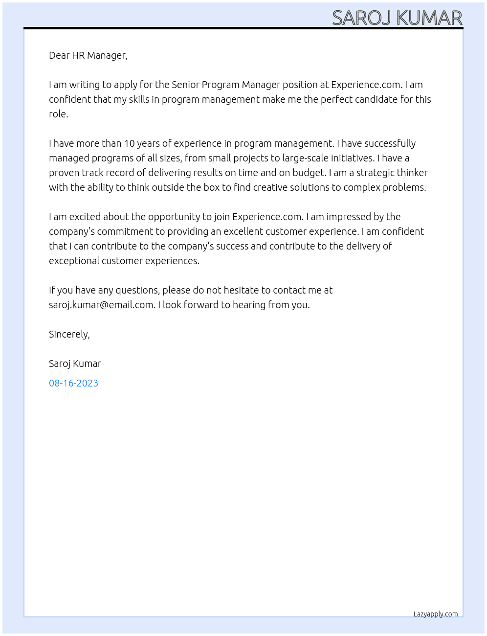 Senior Program Manager At Experience.com Cover Letter