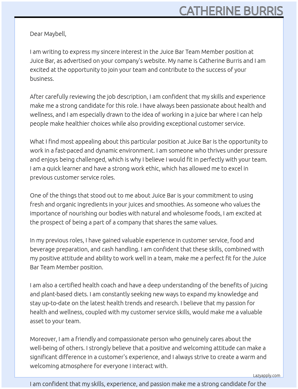 Juice Bar Team Member At Juice Bar Cover Letter
