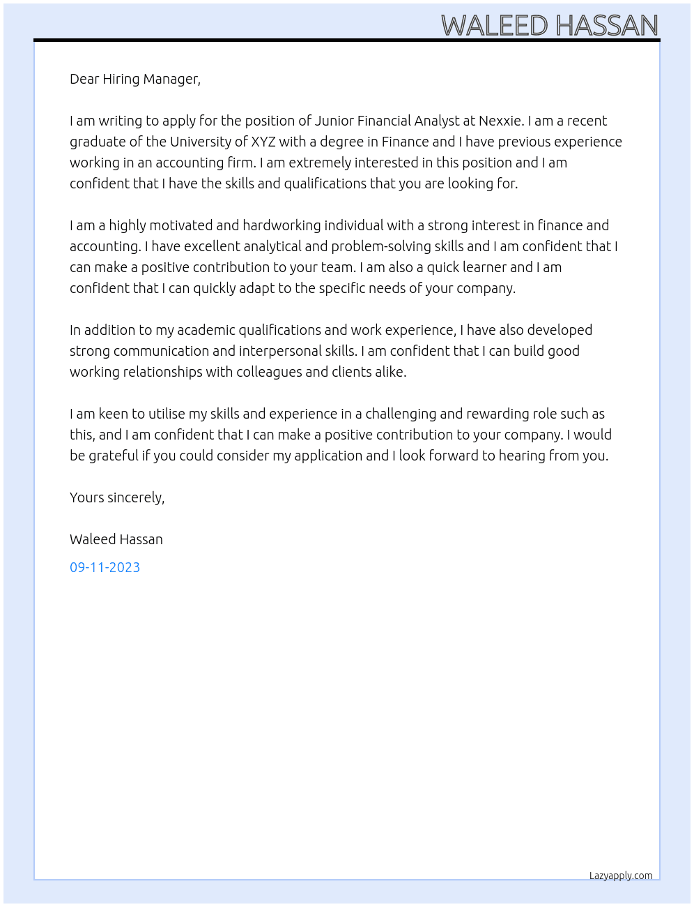 Junior Financial Analyst At Nexxie Cover Letter