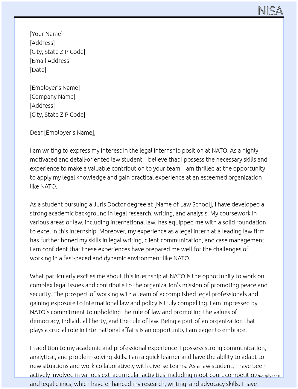 legal internship At NATO Cover Letter