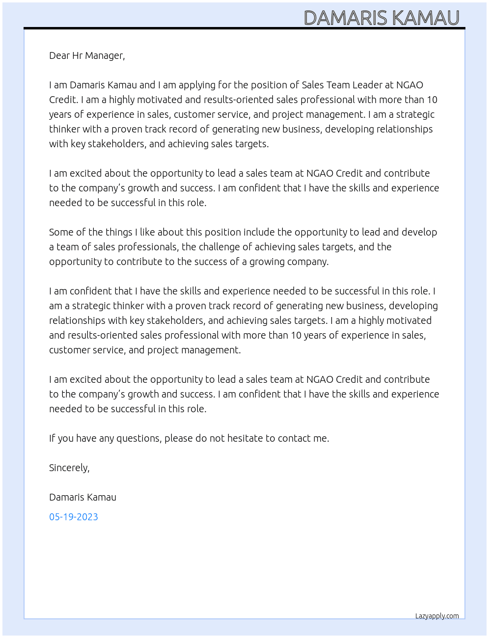SALES TEAM LEADER  At NGAO CREDIT  Cover Letter