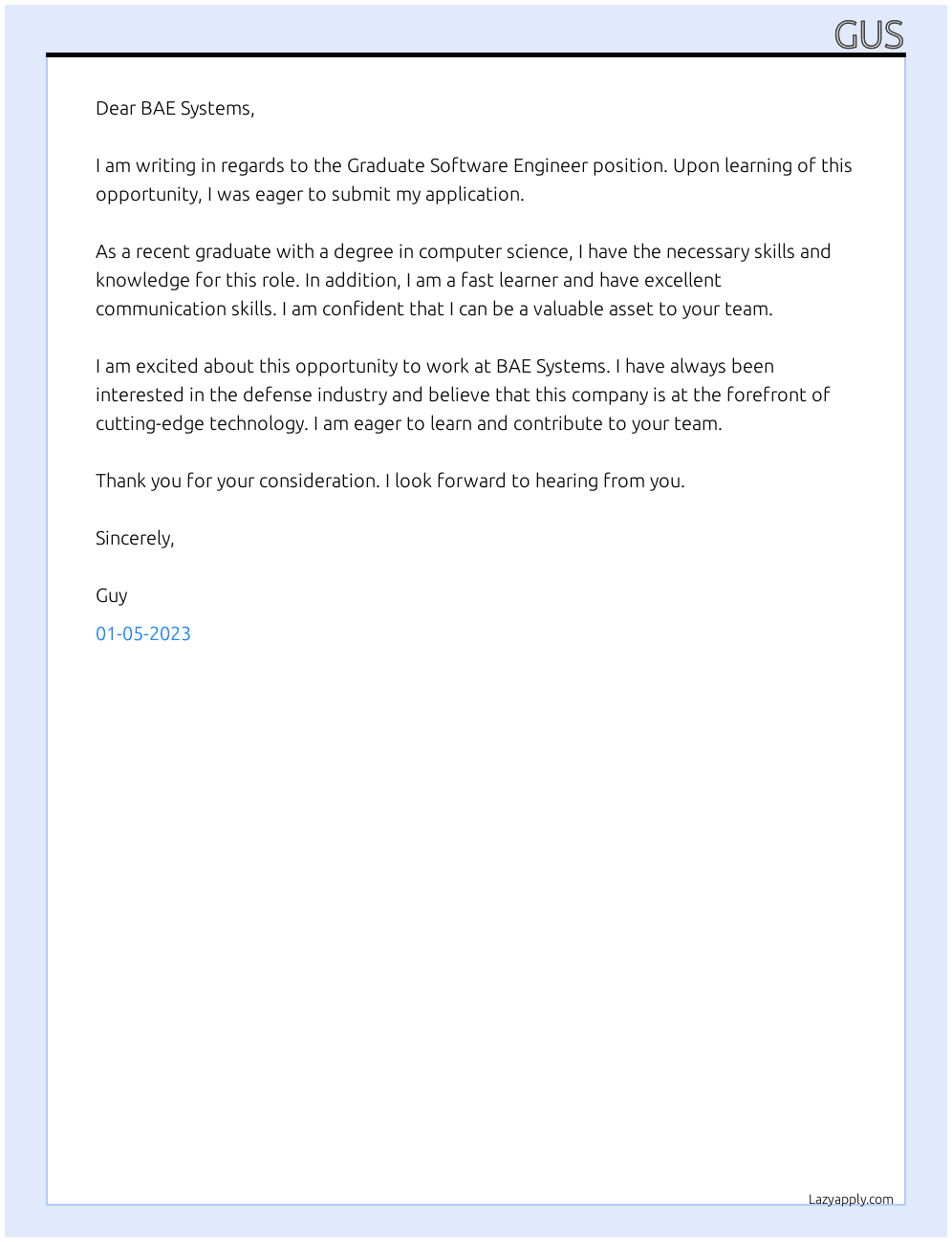 Graduate Software Engineer  At BAE Systems Cover Letter