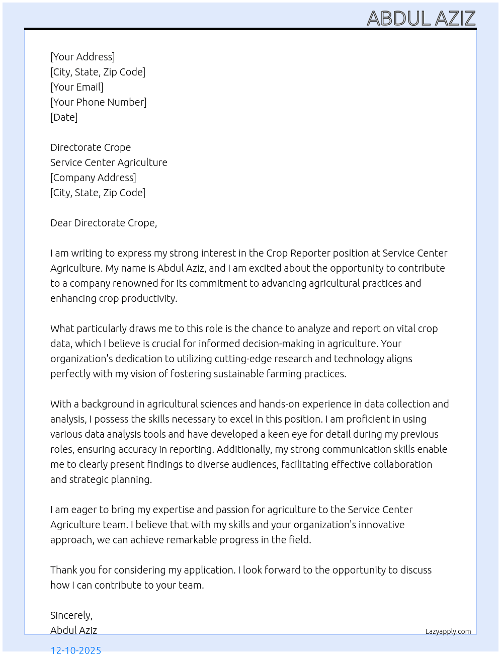 Crope Repoter At Service center Agriculture  Cover Letter