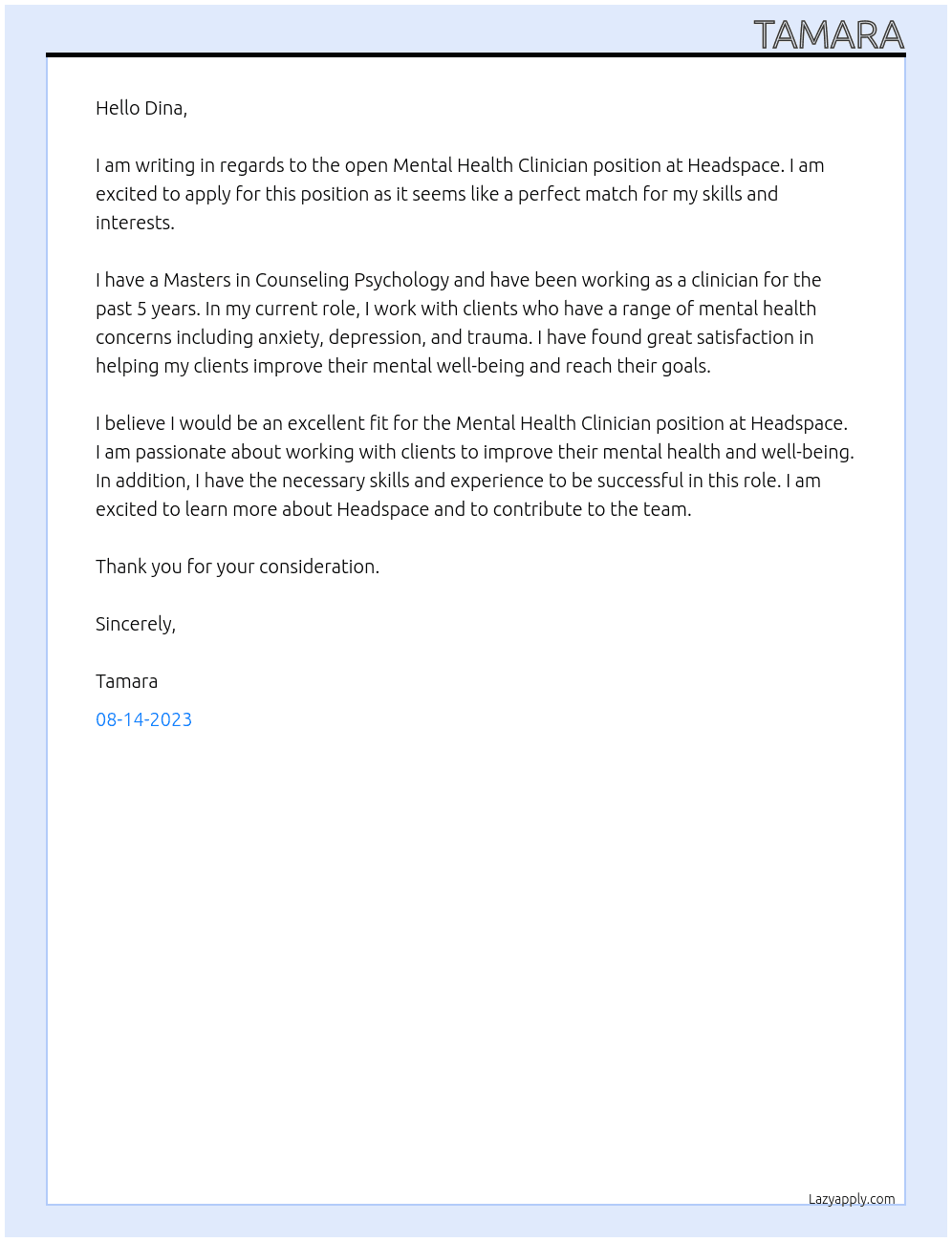Mental Health Clinician At Headspace Cover Letter