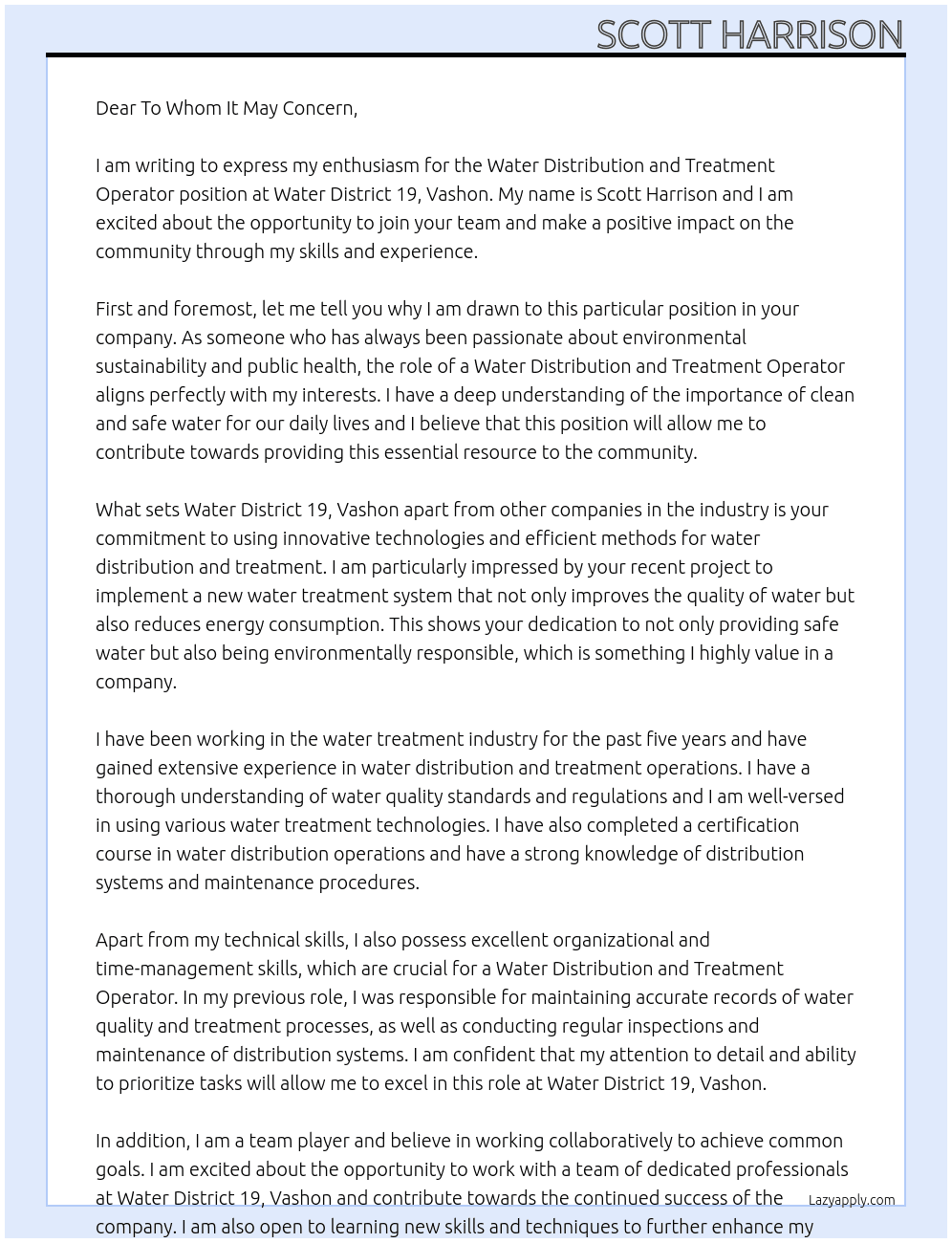 Water distribution and treatment operator At Water district 19, Vashon Cover Letter