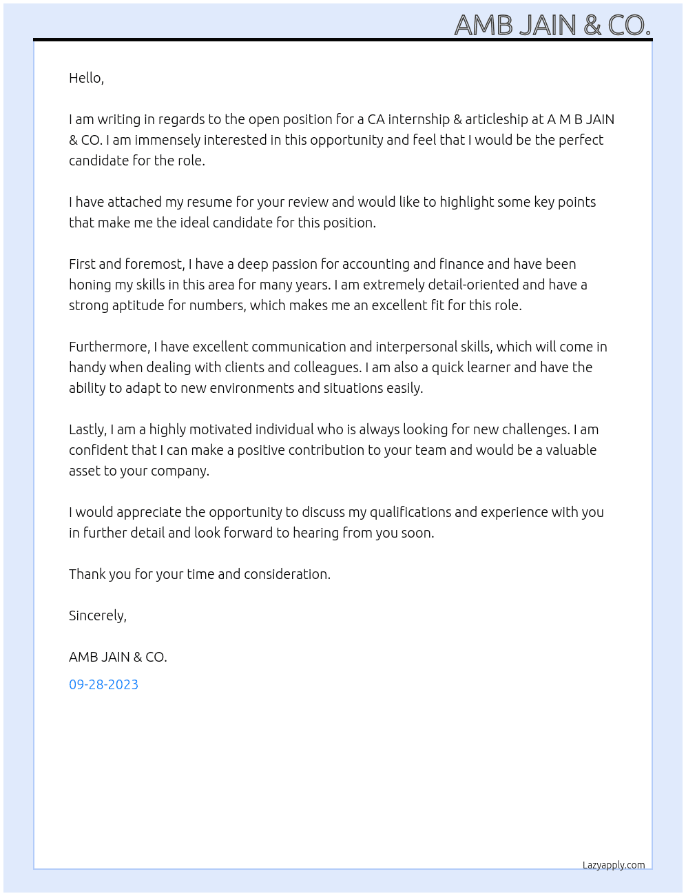 ca internship & articleship At A M B JAIN & CO Cover Letter