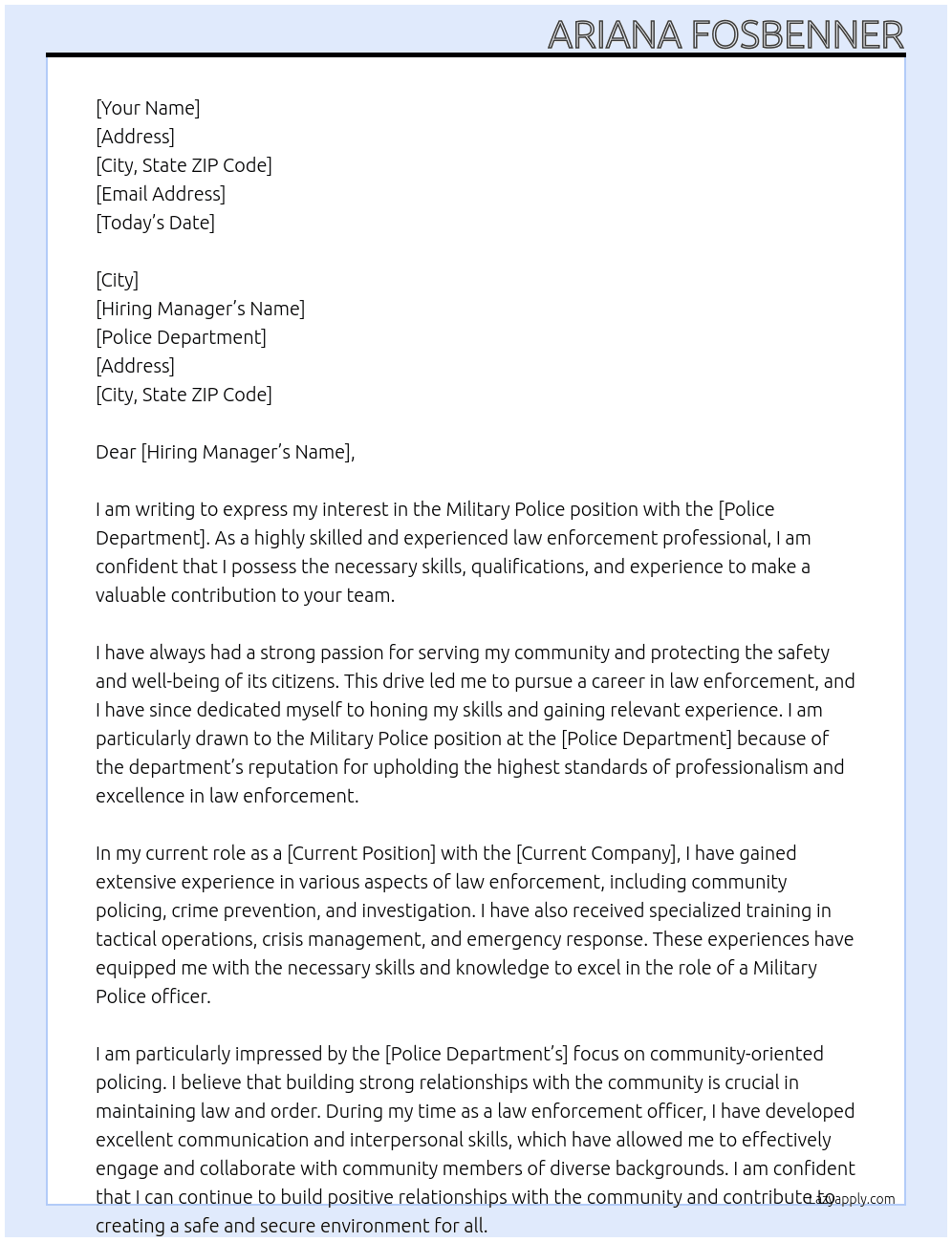Military Police At Police department  Cover Letter