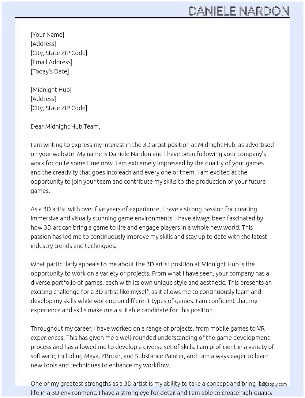 3d artist At Midnight Hub Cover Letter
