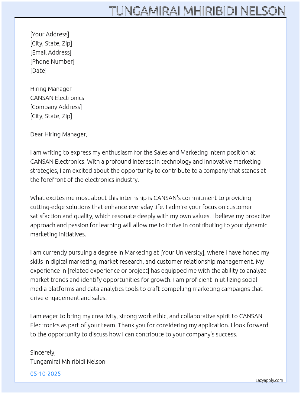 Sales and Marketing Intern At CANSAN Electronics Cover Letter