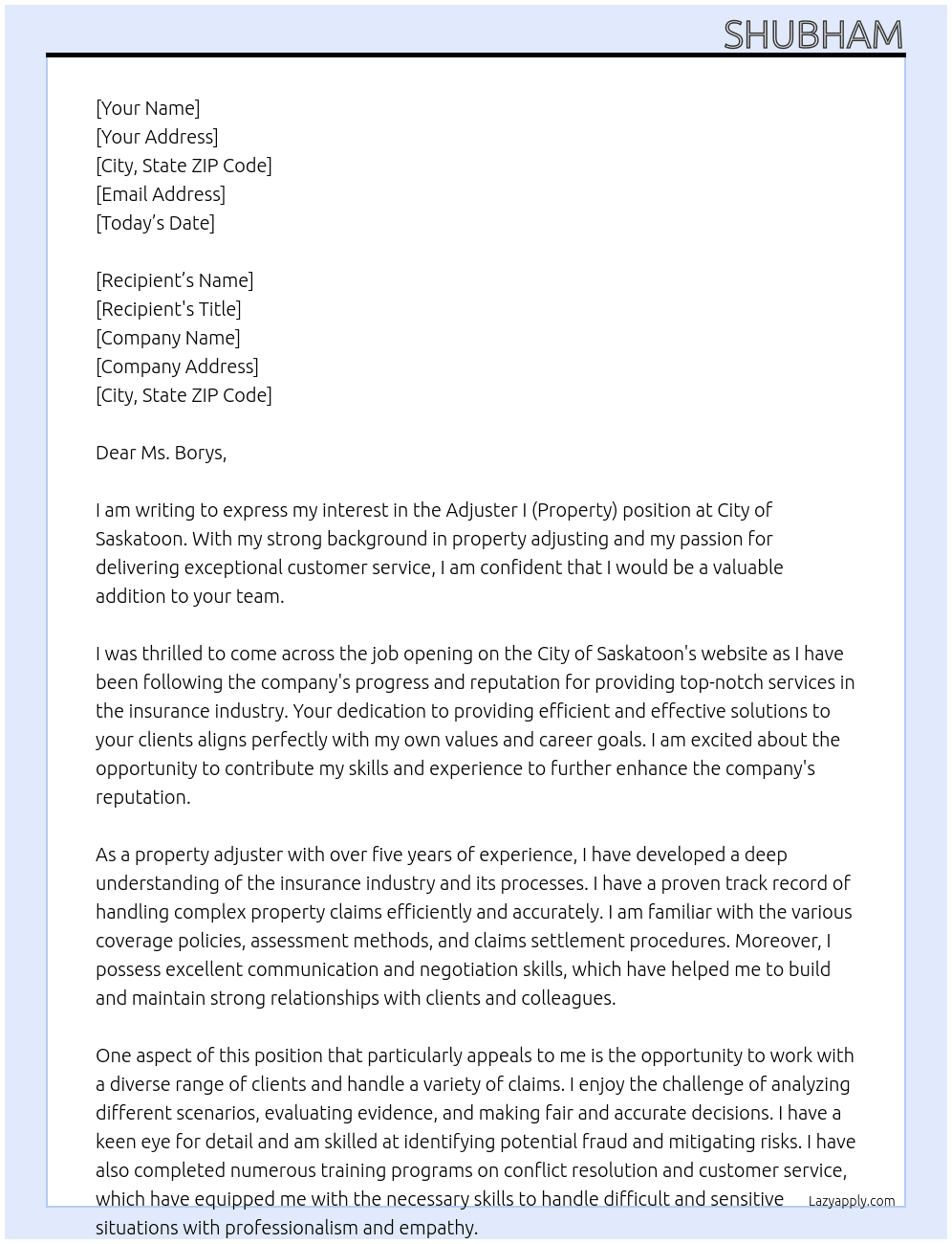 Adjuster I (Property) At City of Saskatoon Cover Letter