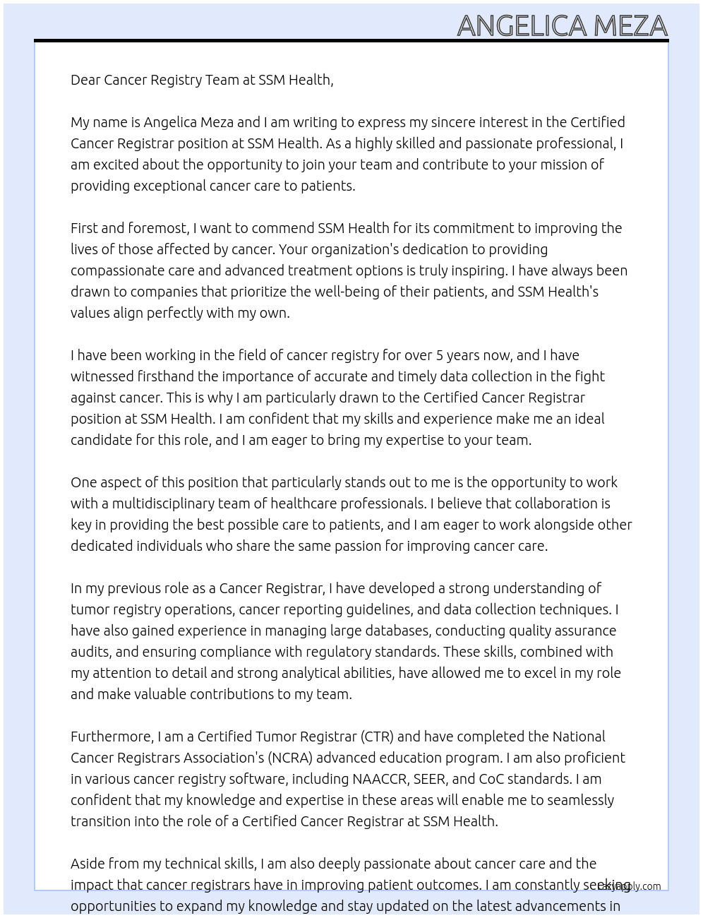 Certified Cancer Registrar At SSM Health Cover Letter