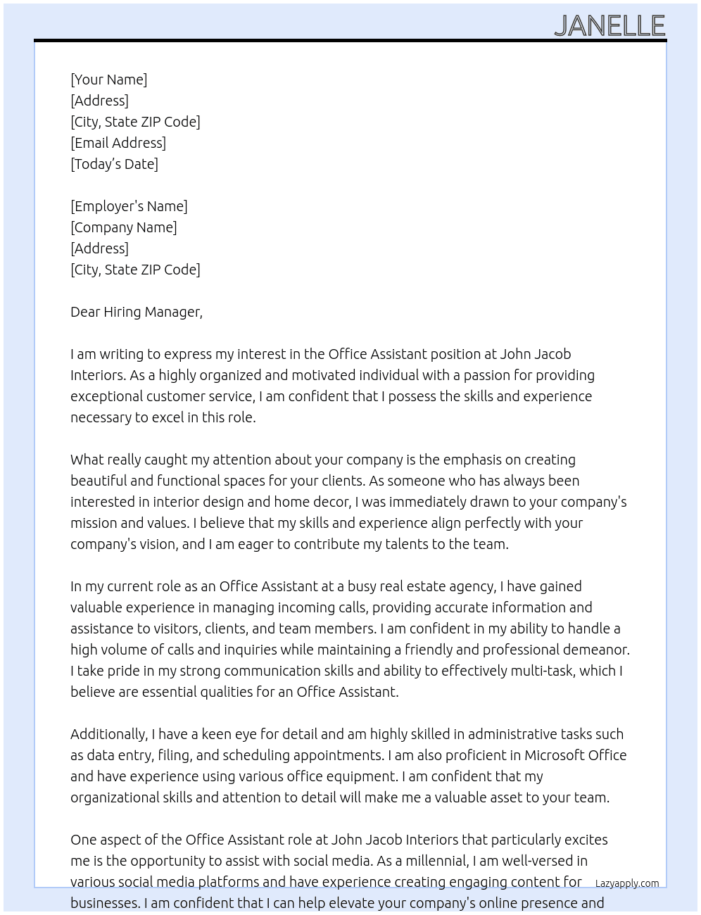 Office Assistant  At John Jacob interiors Cover Letter