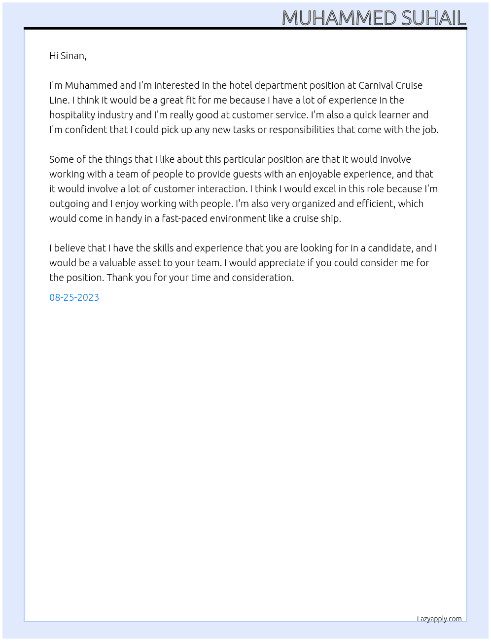 HOTEL DEPARTMENT At CARNIVAL CRUISE LINE Cover Letter