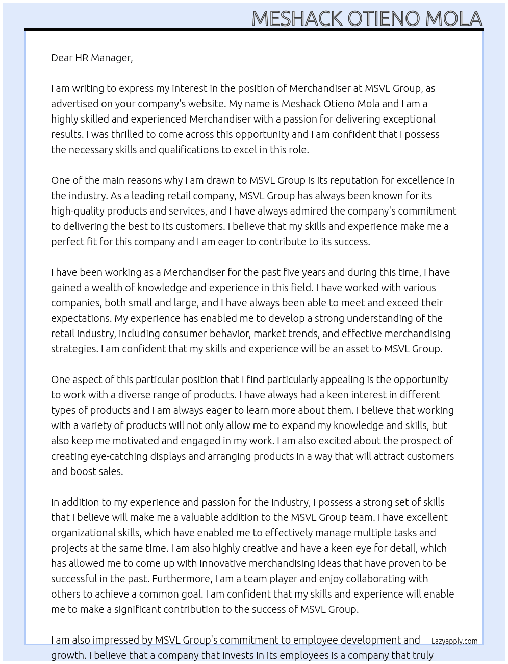 Merchandisers  At MSVL GROUP Cover Letter