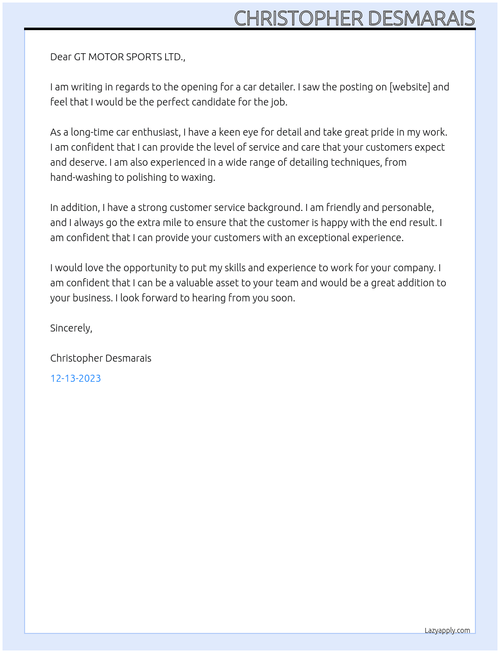 Car Detailer At GT MOTOR SPORTS LTD. Cover Letter