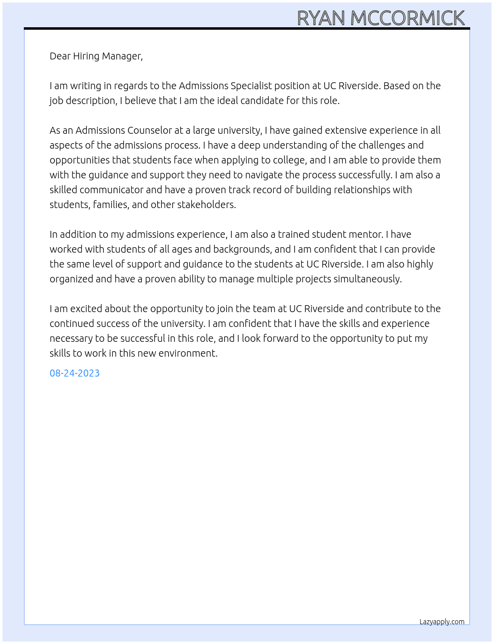 Admissions Specialist  At UC Riverside Cover Letter