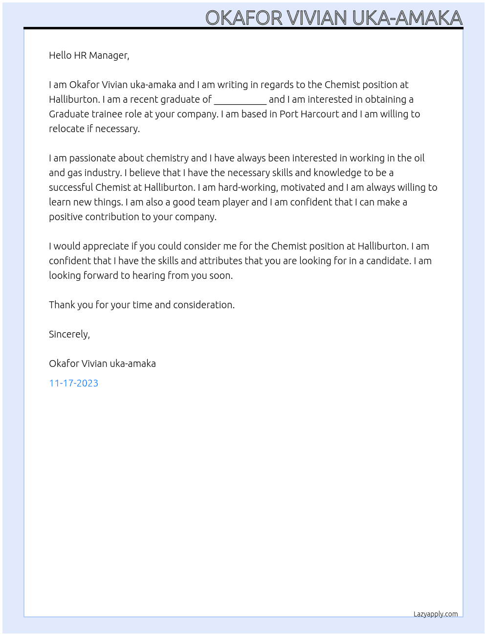 Chemist At Halliburton  Cover Letter