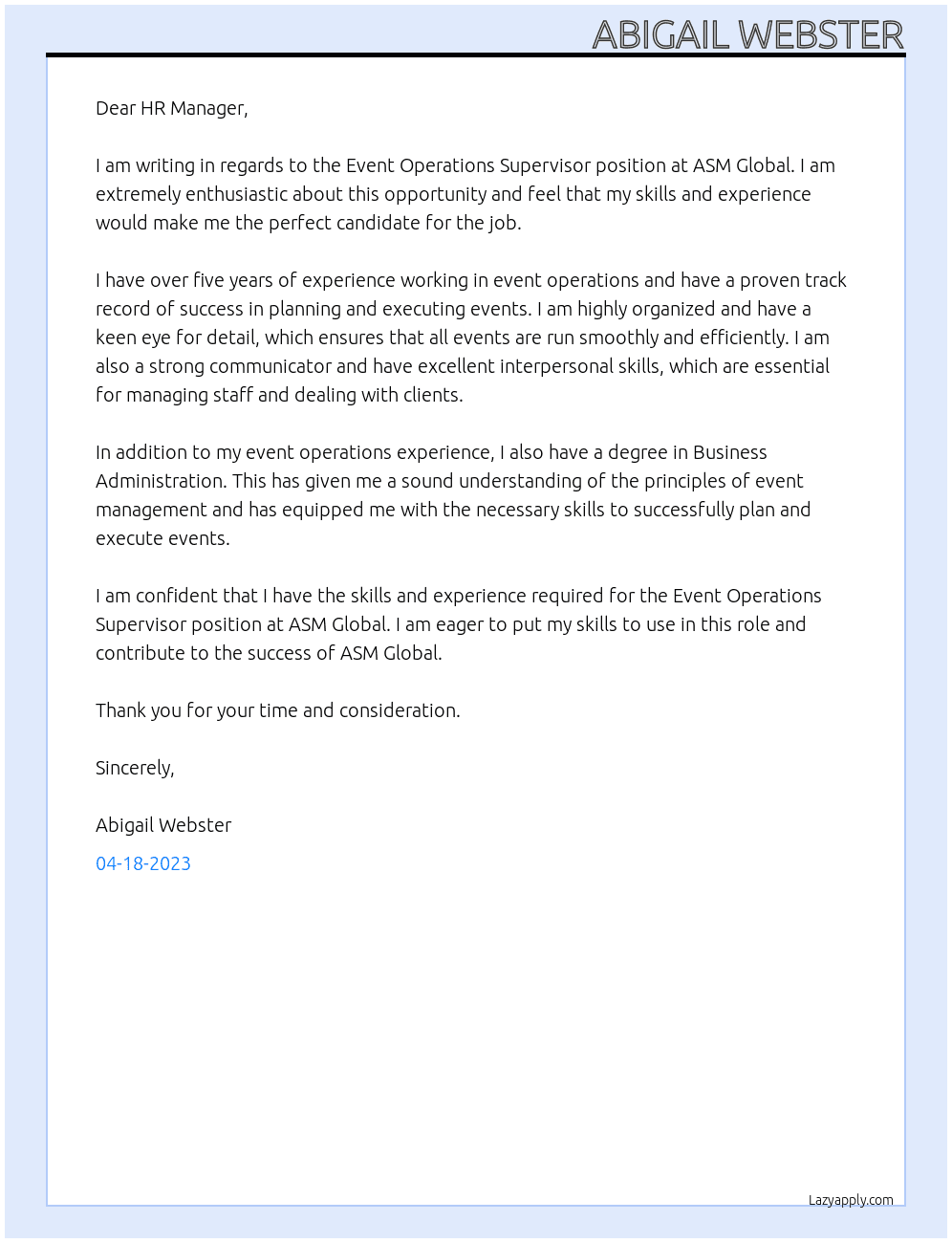 Event Operations Supervisor At ASM Global Cover Letter