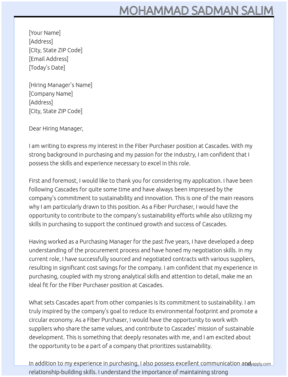 Fiber Purchaser At Cascades Cover Letter