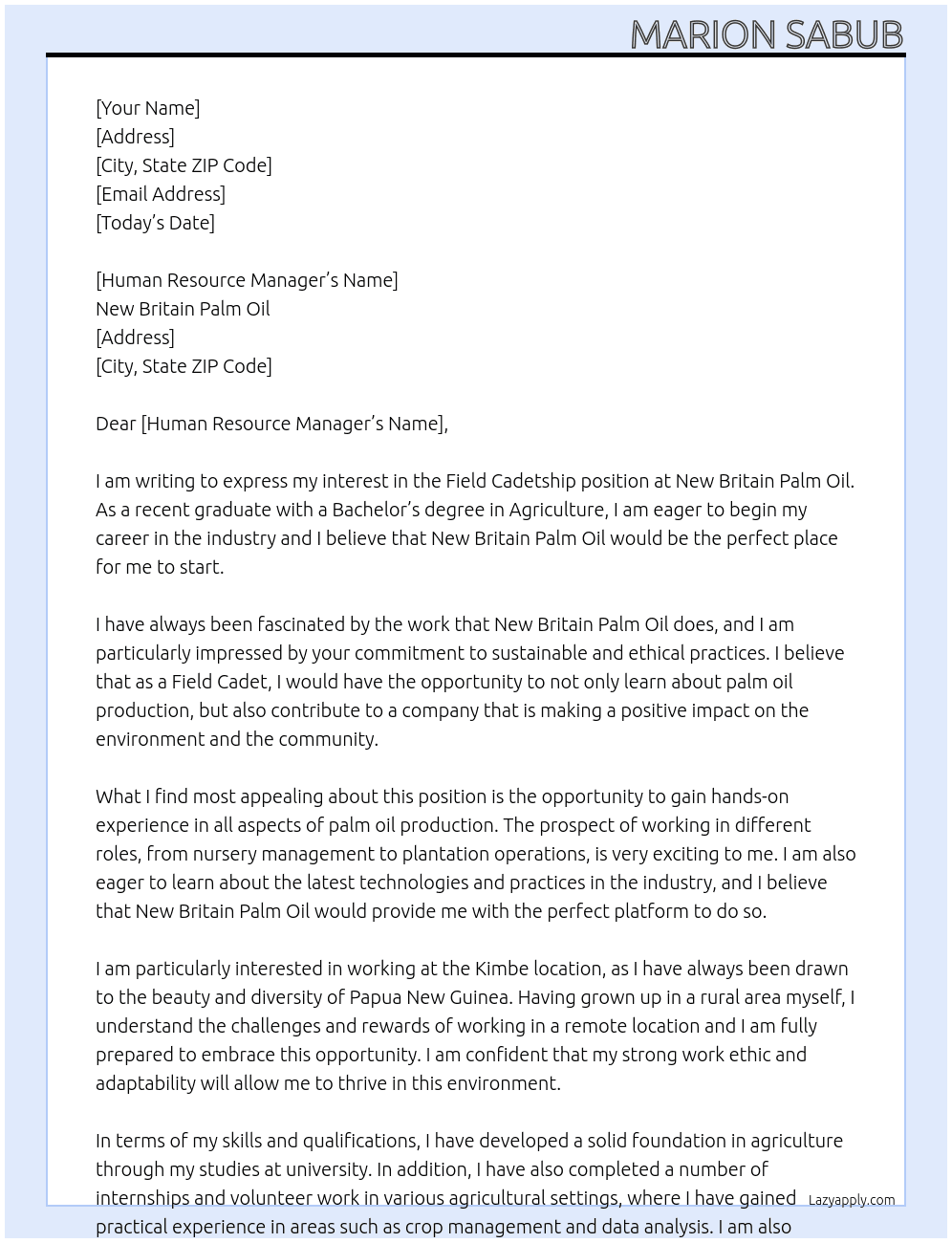 Field cadetship  At New Britain Palm Oil Cover Letter