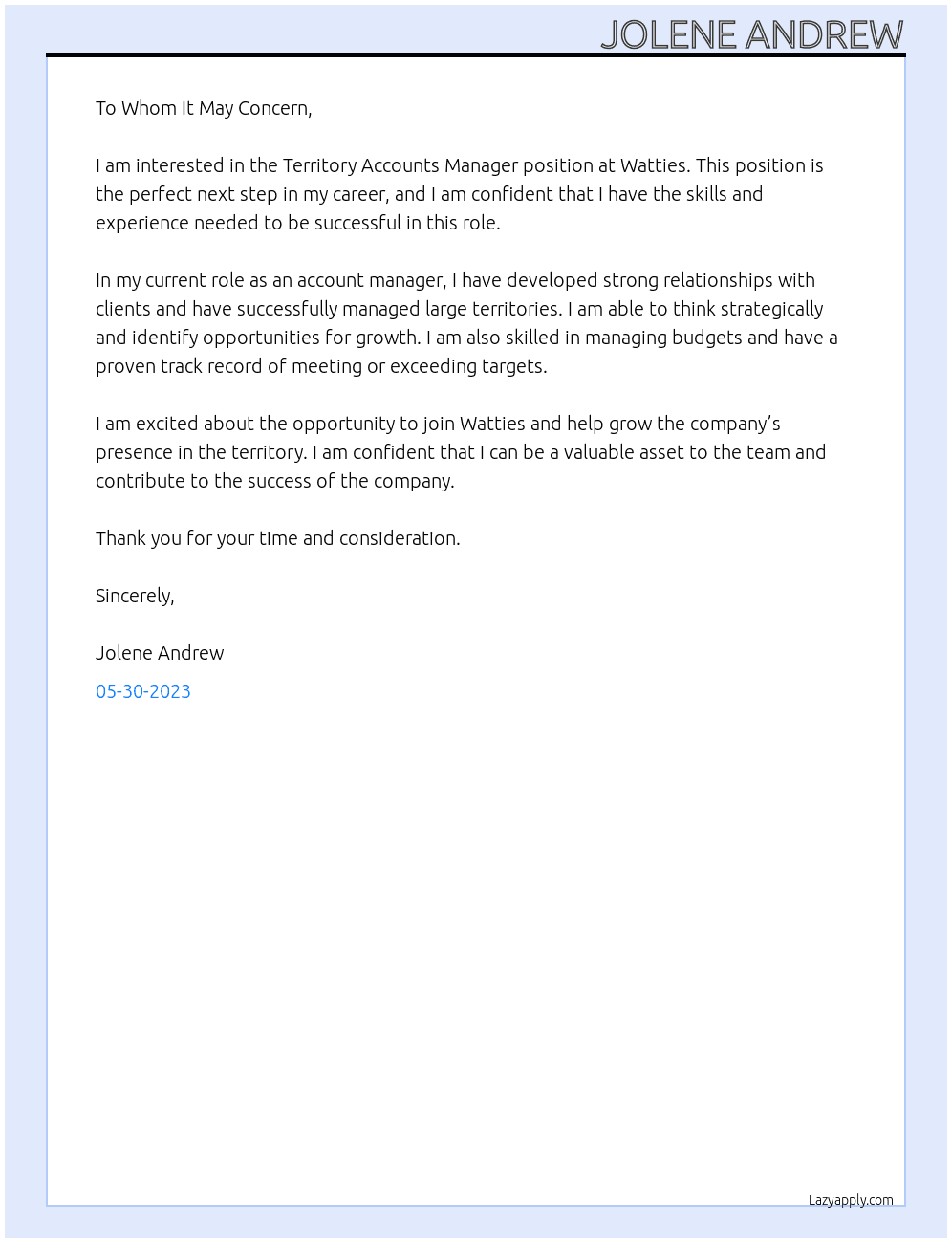 Territory accounts manager At Watties Cover Letter