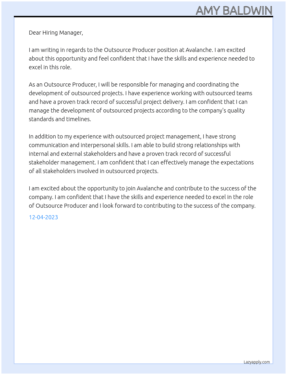 Outsource Producer At Avalanche Cover Letter