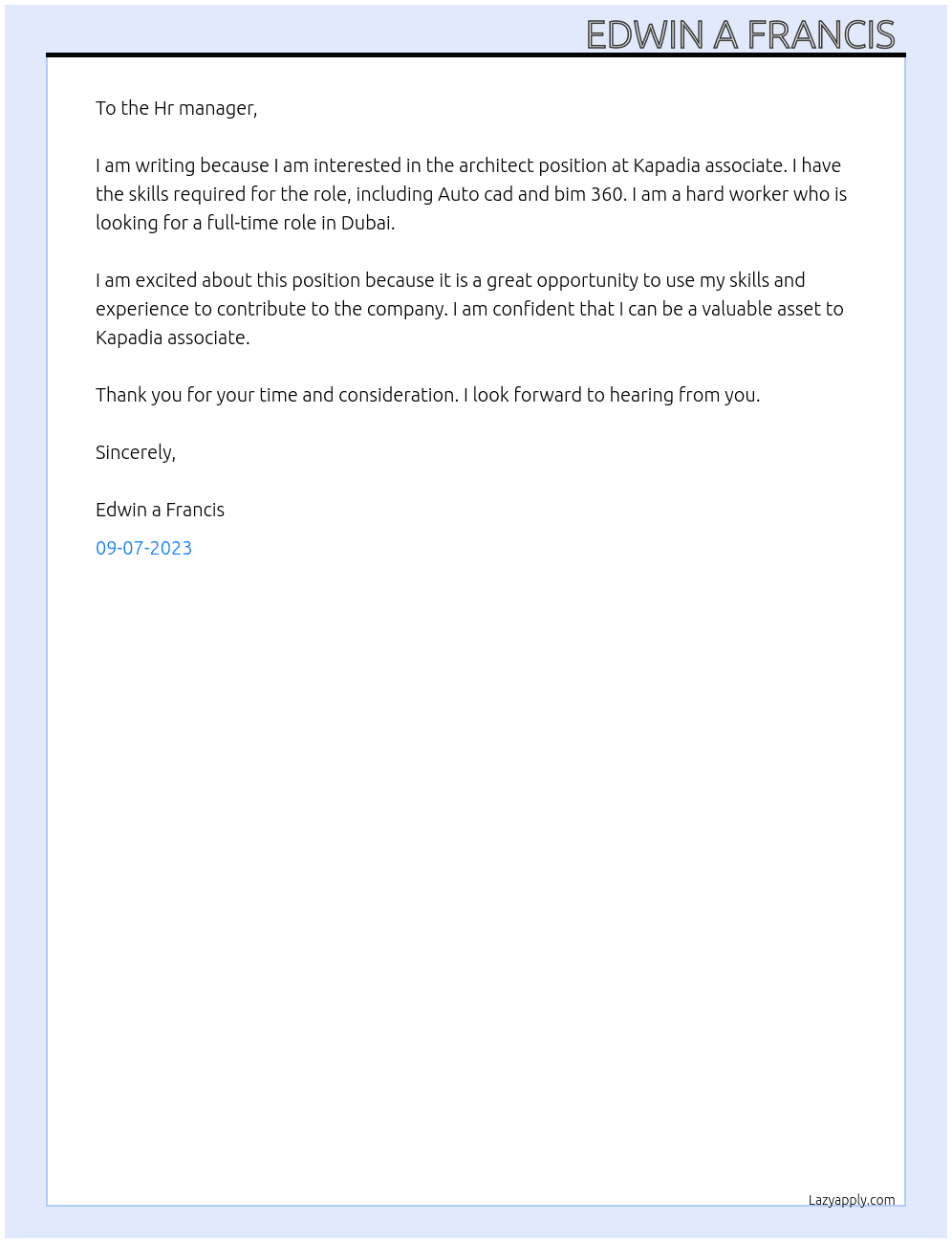 Architect  At Kapadia associate  Cover Letter