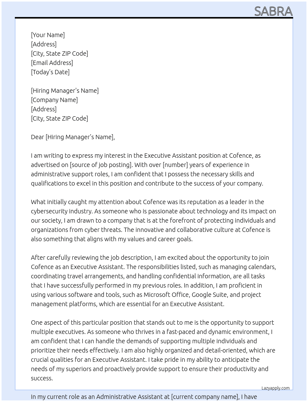 Executive Assistant At Cofence Cover Letter