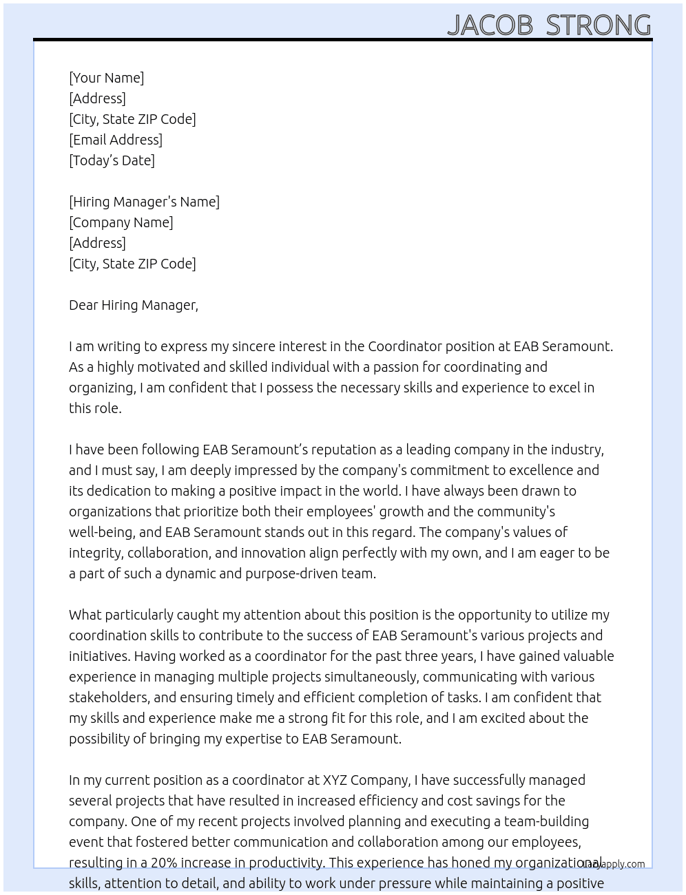 Coordinator At EAB Seramount Cover Letter