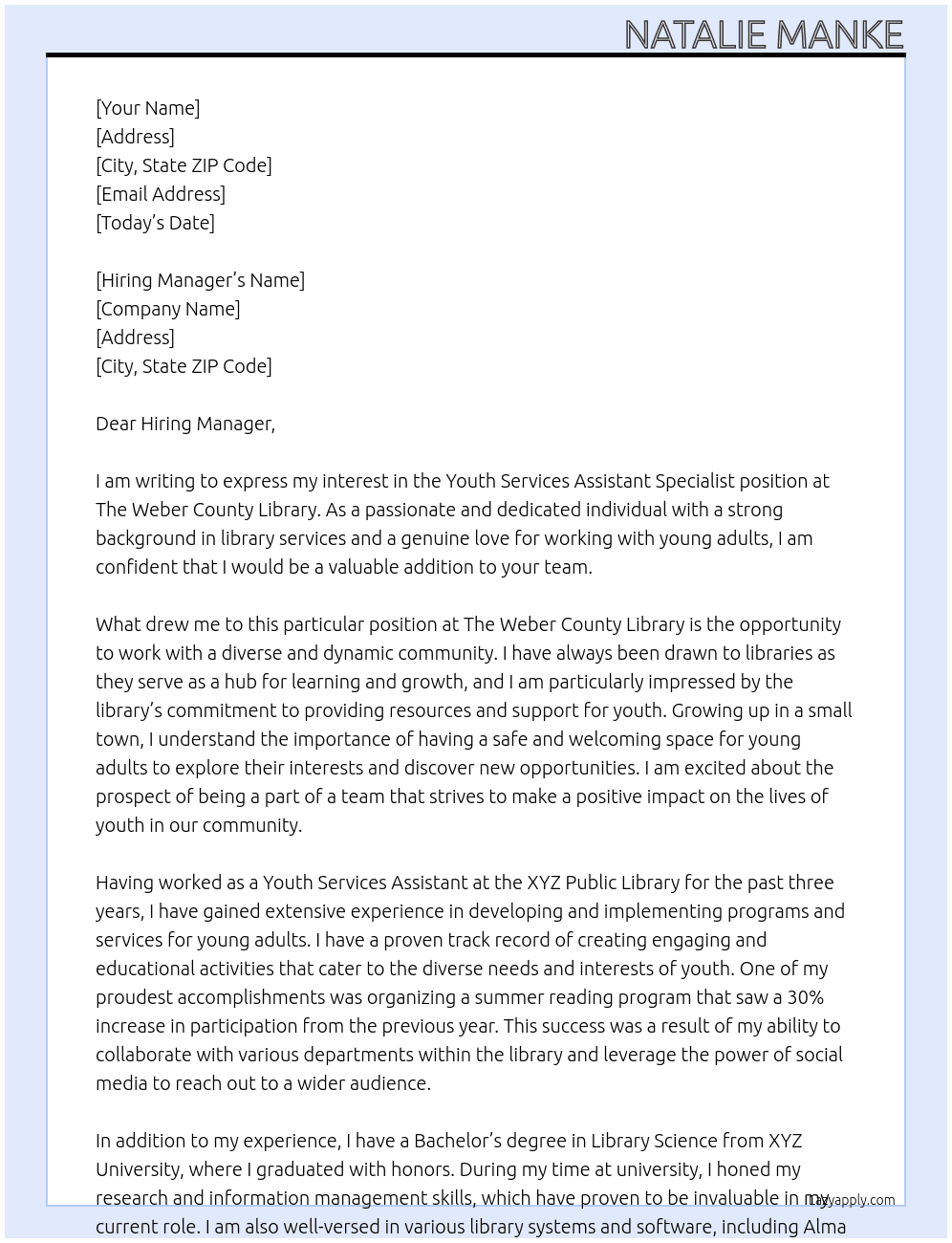 Youth Services Assistant Specialist At The Weber County Library  Cover Letter