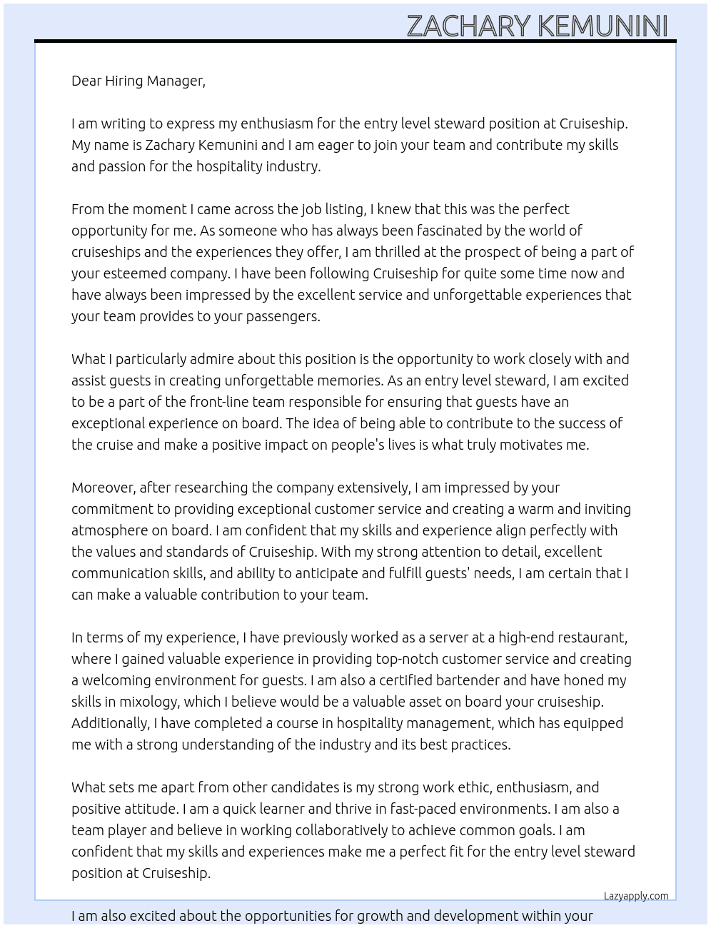 entry level steward At cruiseship Cover Letter