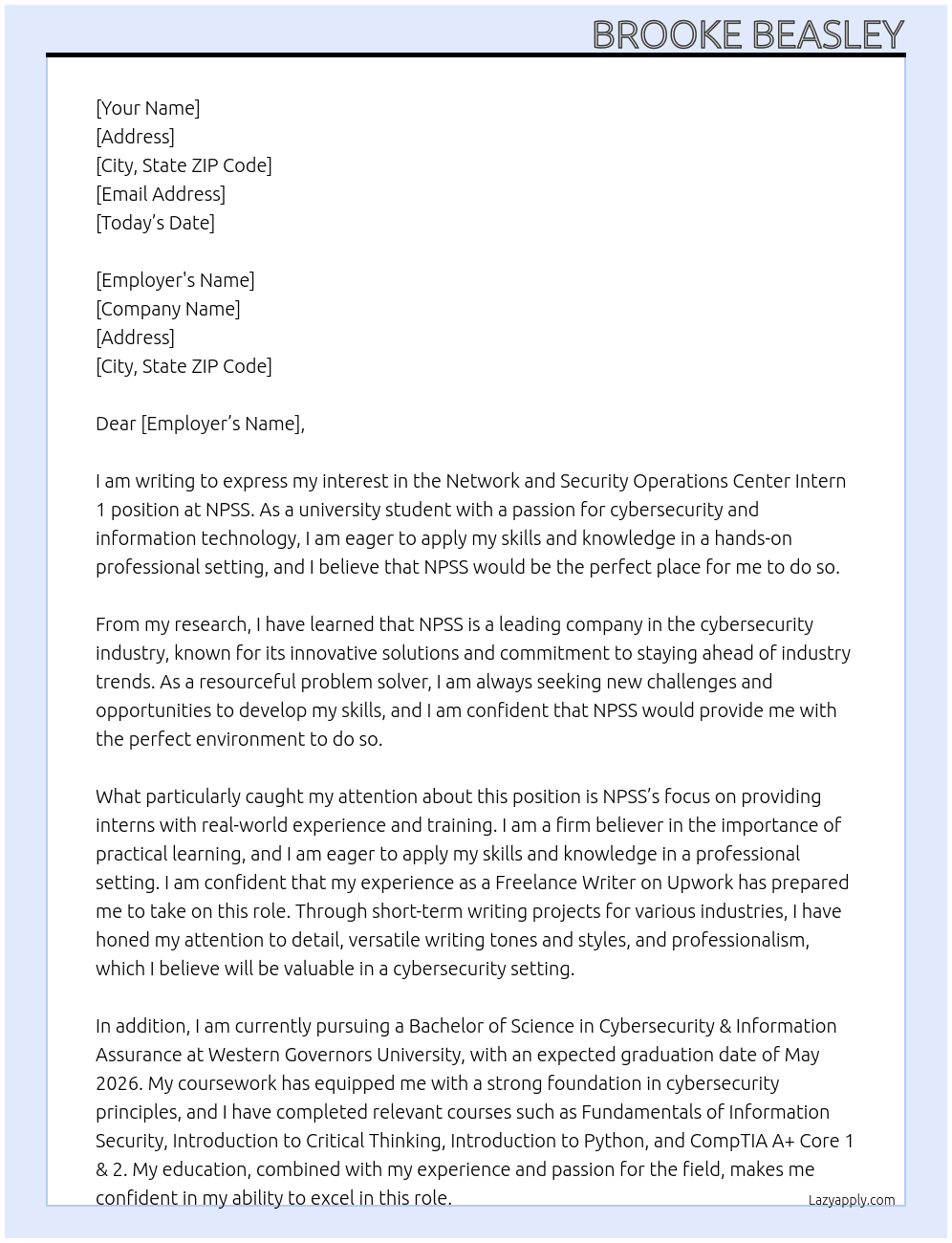 Network and Security Operations Center Intern 1 At NPSS Cover Letter