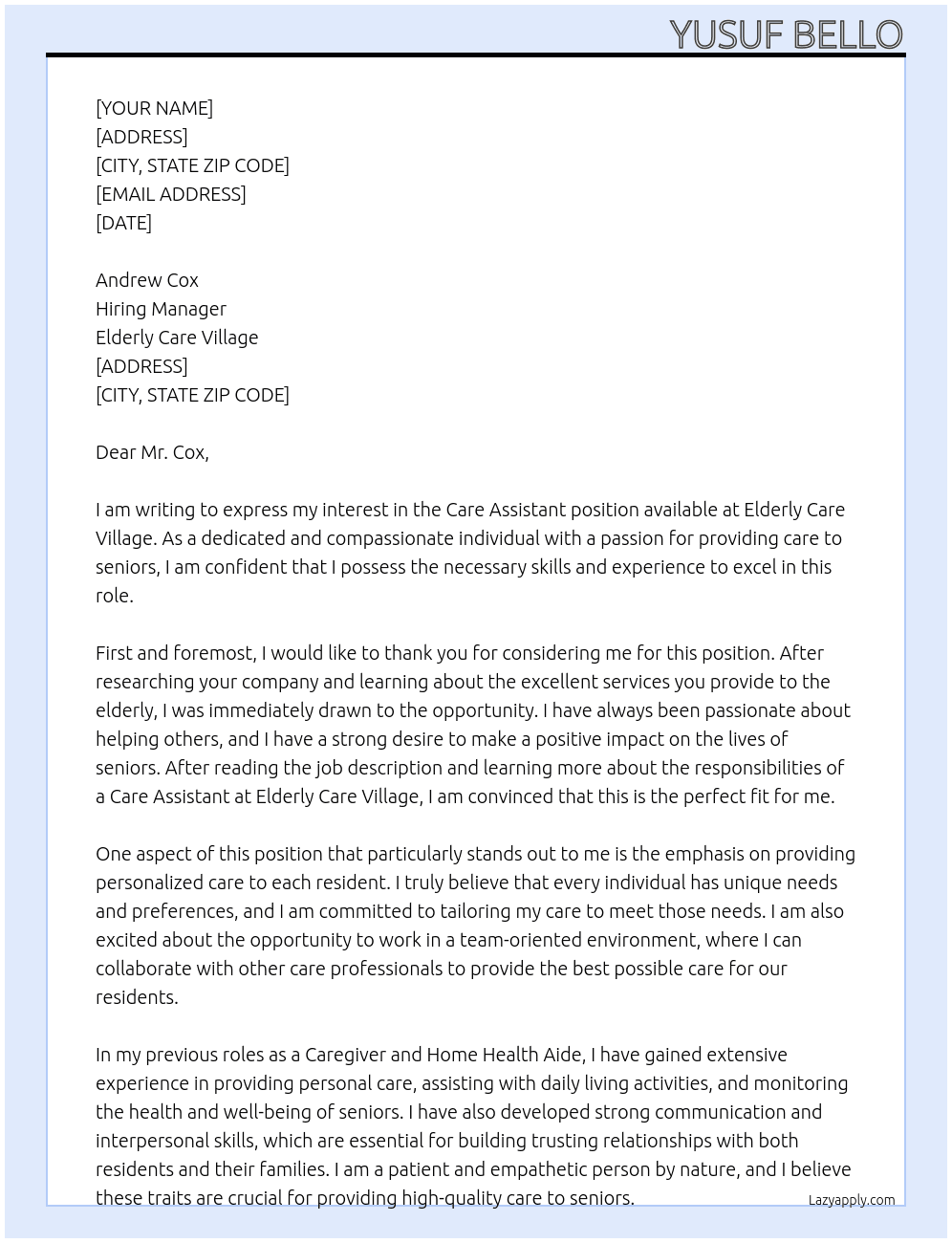 Care Assistant At Elderly Care Village Cover Letter