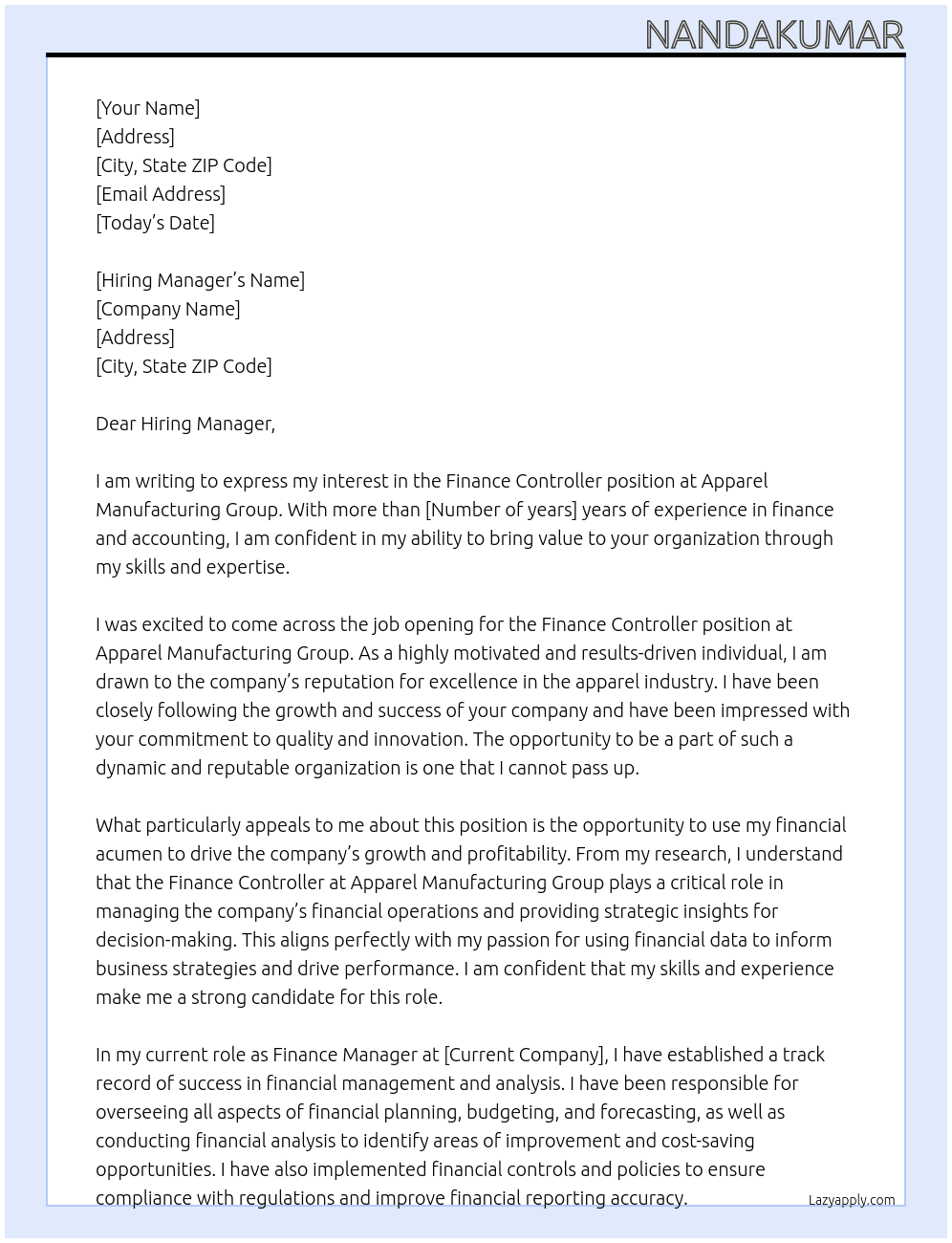 Finance controller  At Apparel manufacturing group Cover Letter