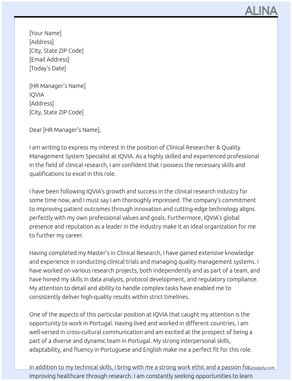 Clinical Researcher & Quality Management System Specialist  At IQVIA Cover Letter