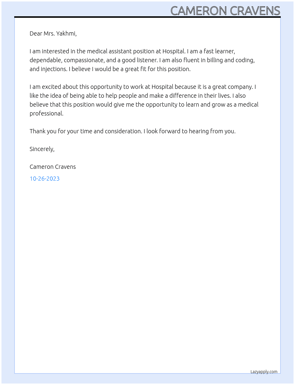 Medical assistant At Hospital Cover Letter
