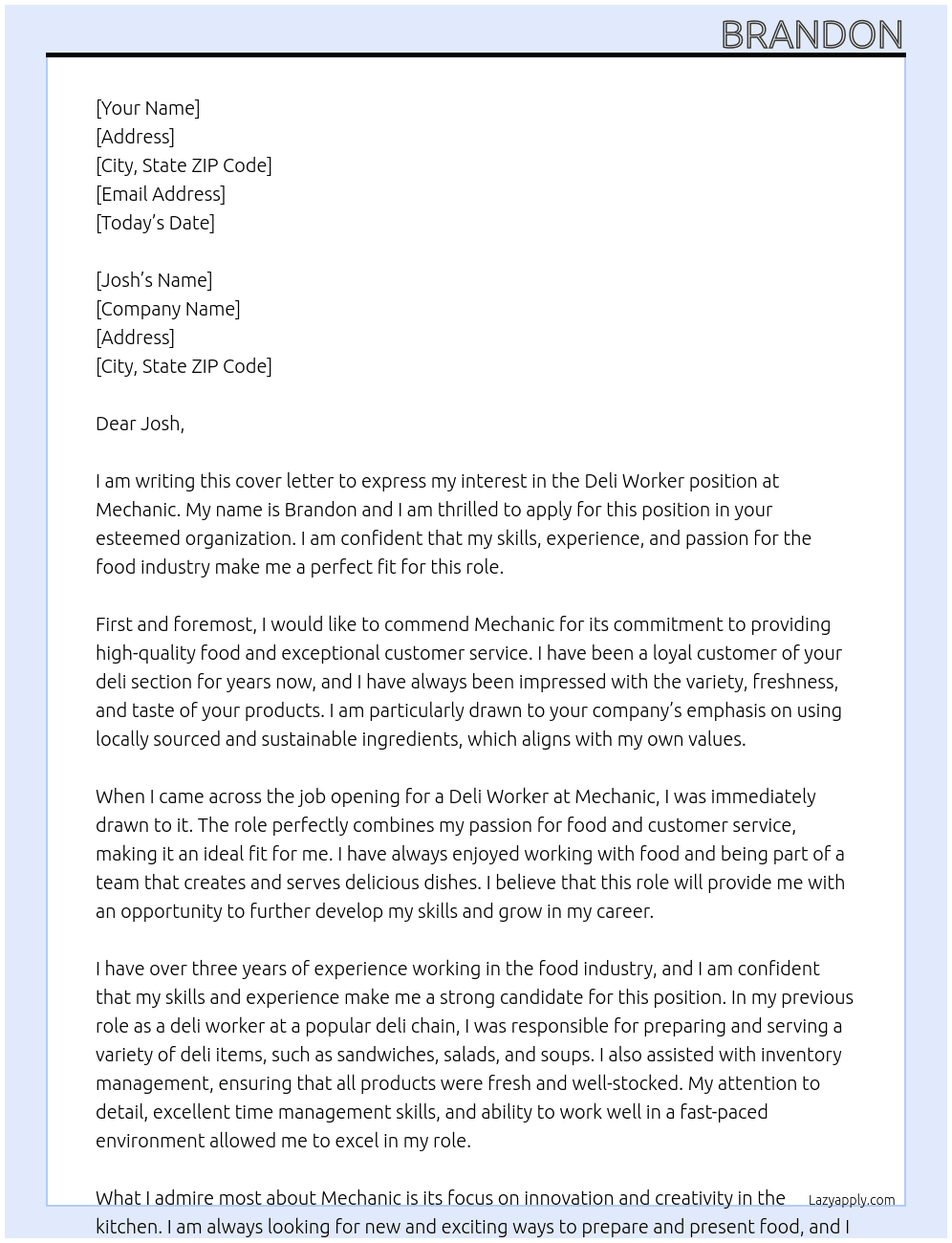 deli worker At mechanic Cover Letter