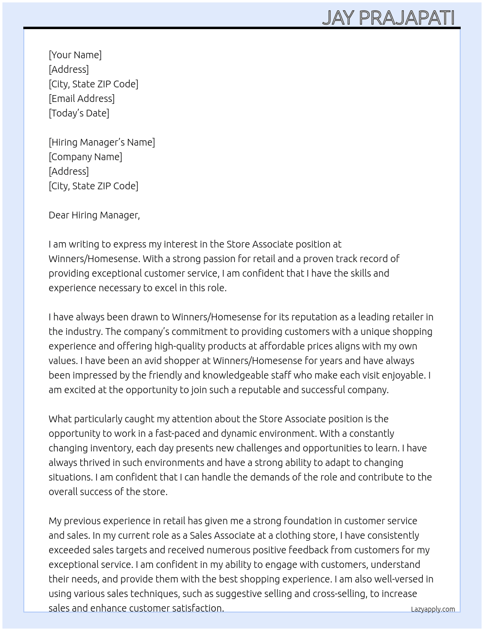 Store associate  At Winners/ Homesense Cover Letter