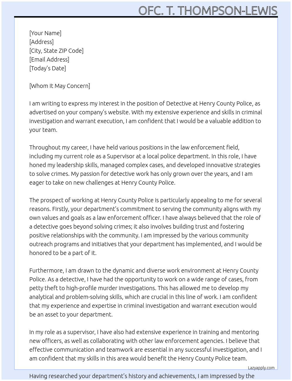 Detective At Henry County Police Cover Letter