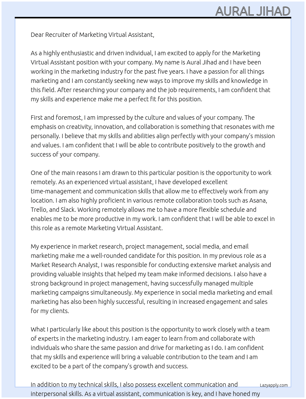 Marketing Virtual Assistant At Recruiter of Marketing Virtual Assistant Cover Letter
