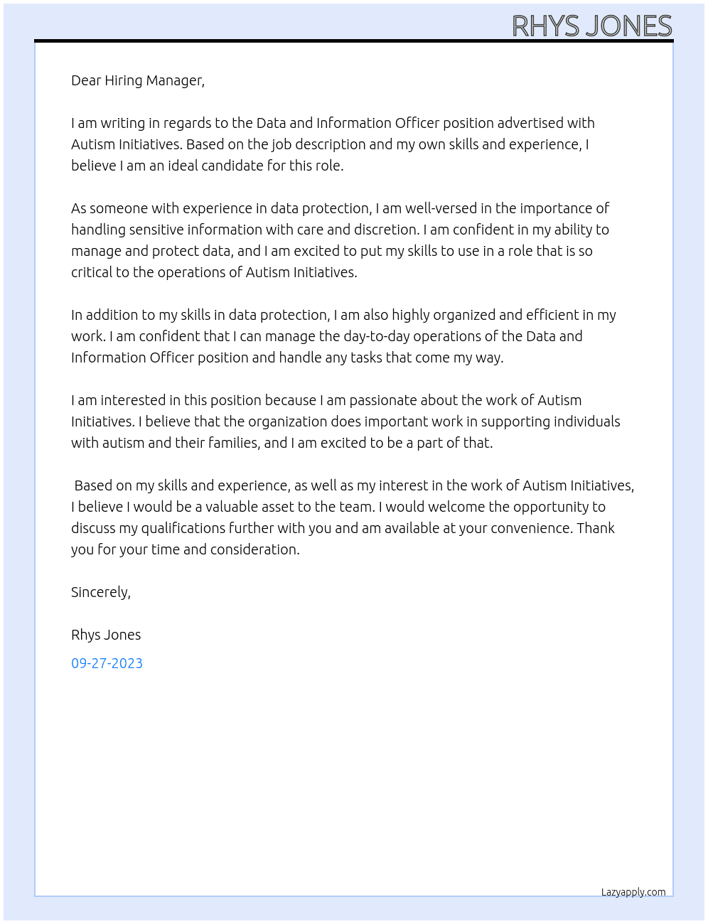 Data and Information Officer At Autism Initiatives Cover Letter