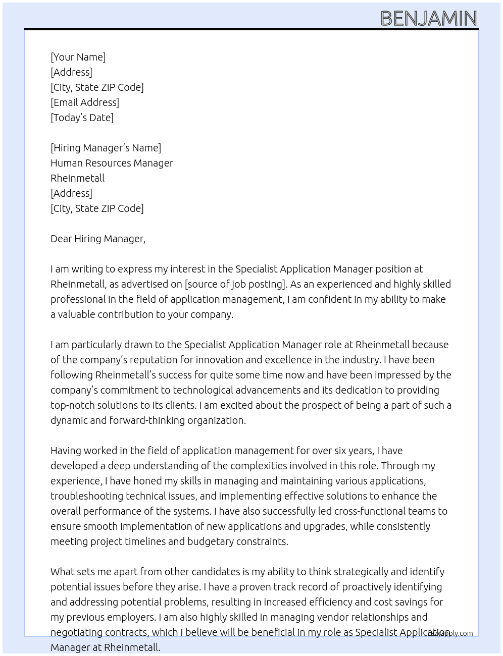 Specialist Application Manager At Rheinmetall Cover Letter