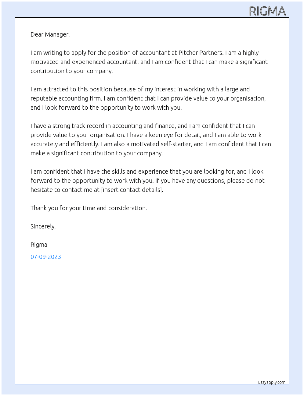 Accountant  At Pitcher Partners  Cover Letter
