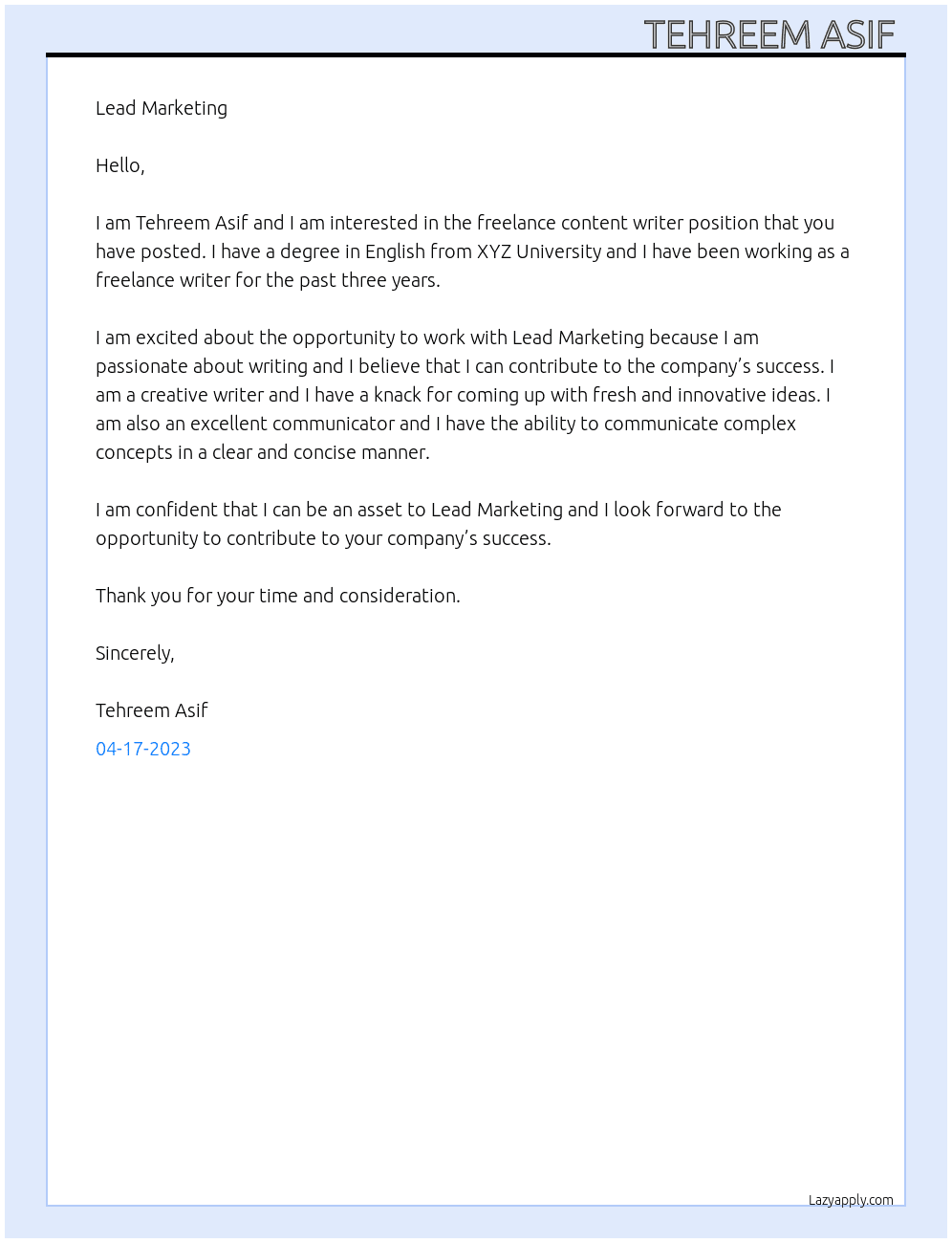 Freelance Content Writer  At Lead Marketing  Cover Letter