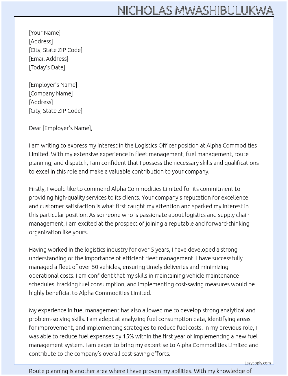 Logistics Officer At Alpha Commodities Limited Cover Letter