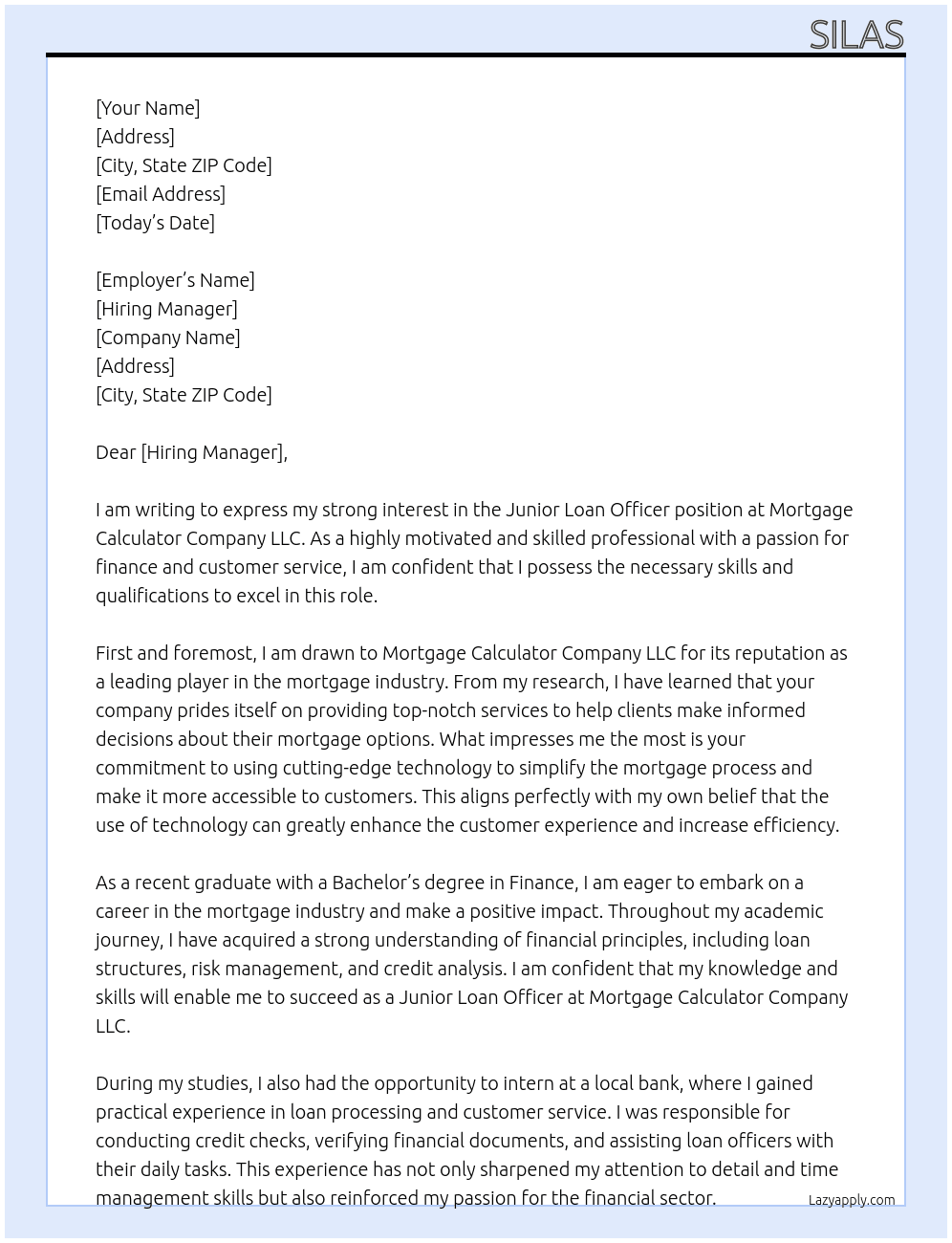 Junior Loan Officer At Mortgage Calculator Company LLC  Cover Letter