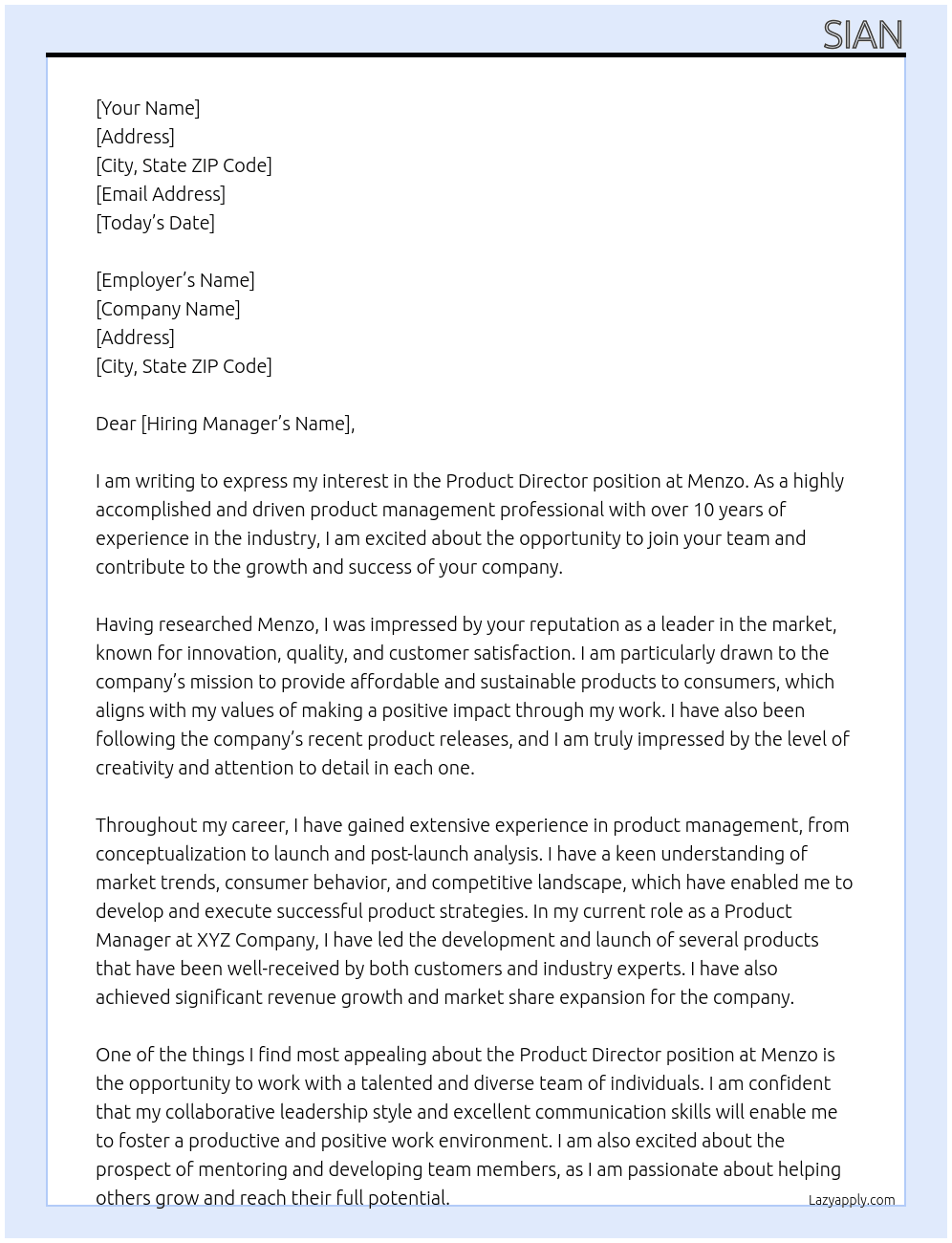 Product Director At Menzo Cover Letter
