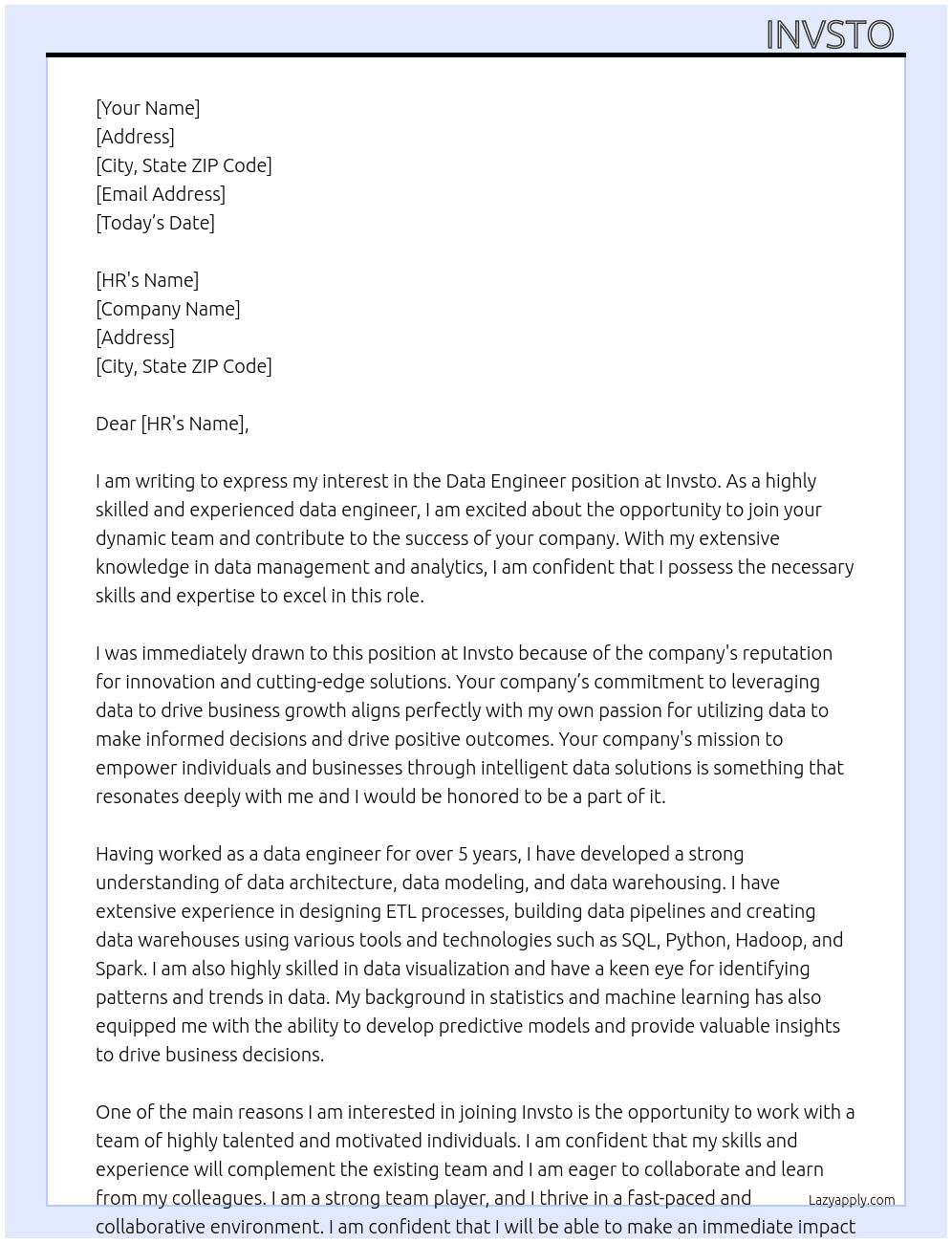 Data engineer  At Invsto  Cover Letter