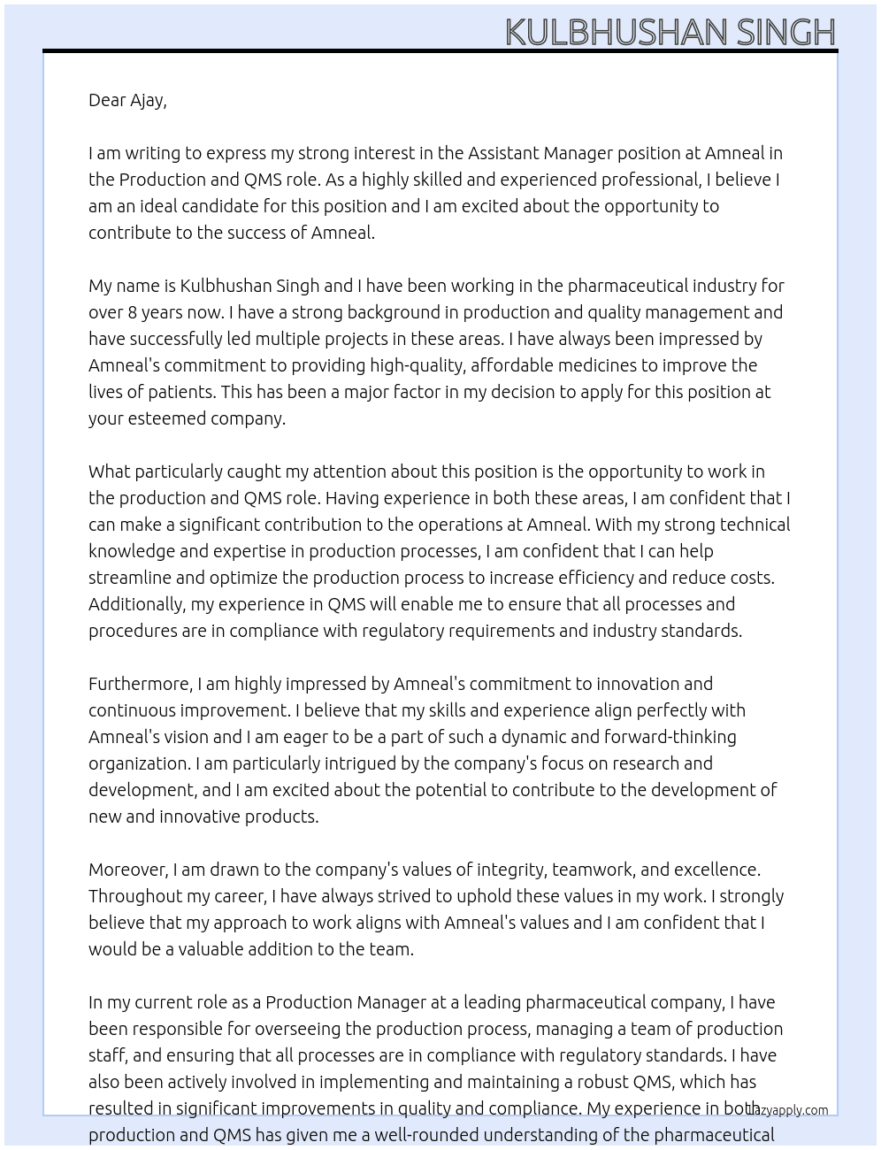 Assistant Manager At Amneal Cover Letter