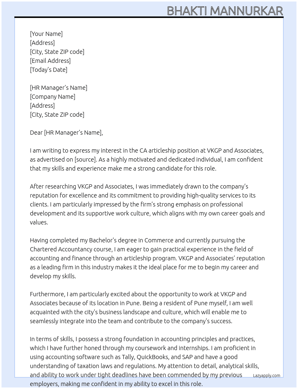 CA articleship At VKGP and Associates Cover Letter